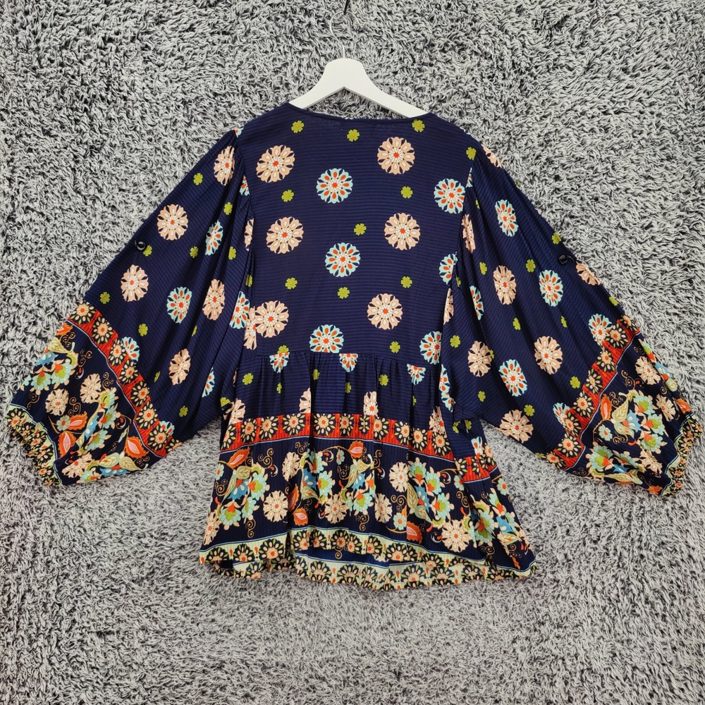 Orientique Womens Boho Floral Pintuck Peasant Blouse Large Navy Blue Wide Sleeve - Picture 3 of 16